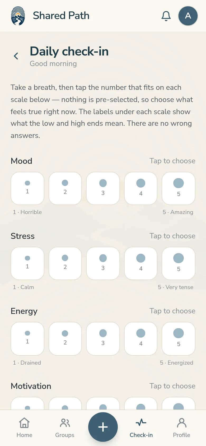 The Shared Path daily check-in screen with mood, stress, energy and motivation scales