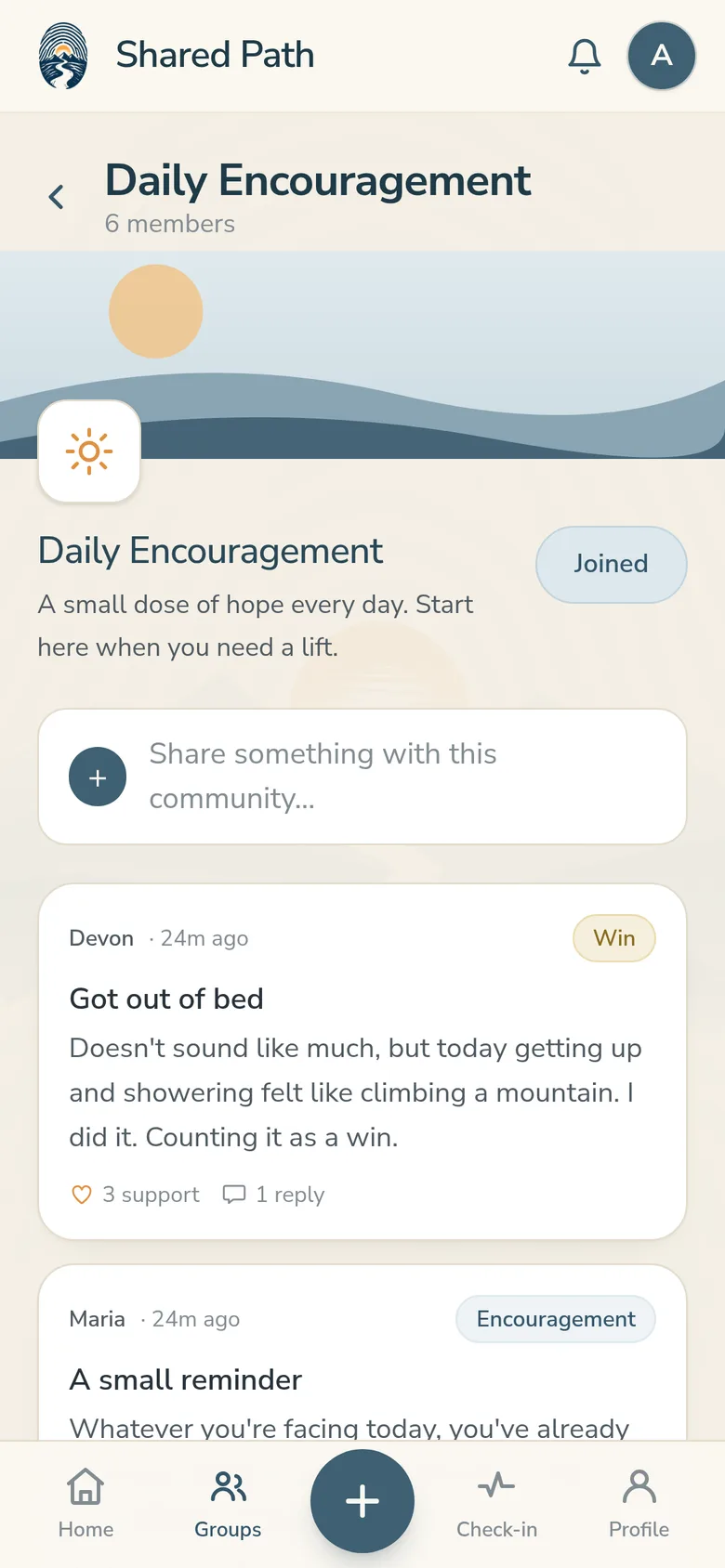 A Shared Path community feed with encouraging posts from other members