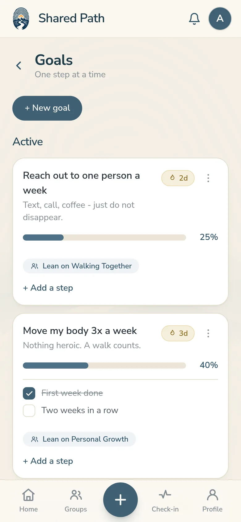 The Shared Path goals screen showing progress bars and day streaks