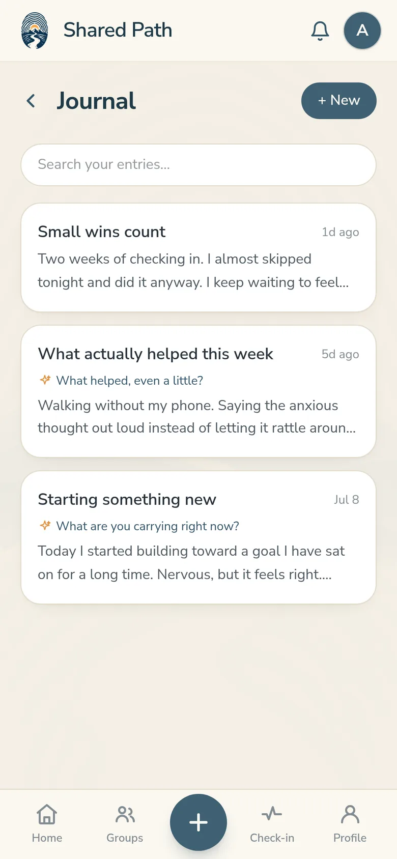 The Shared Path private journal listing personal entries