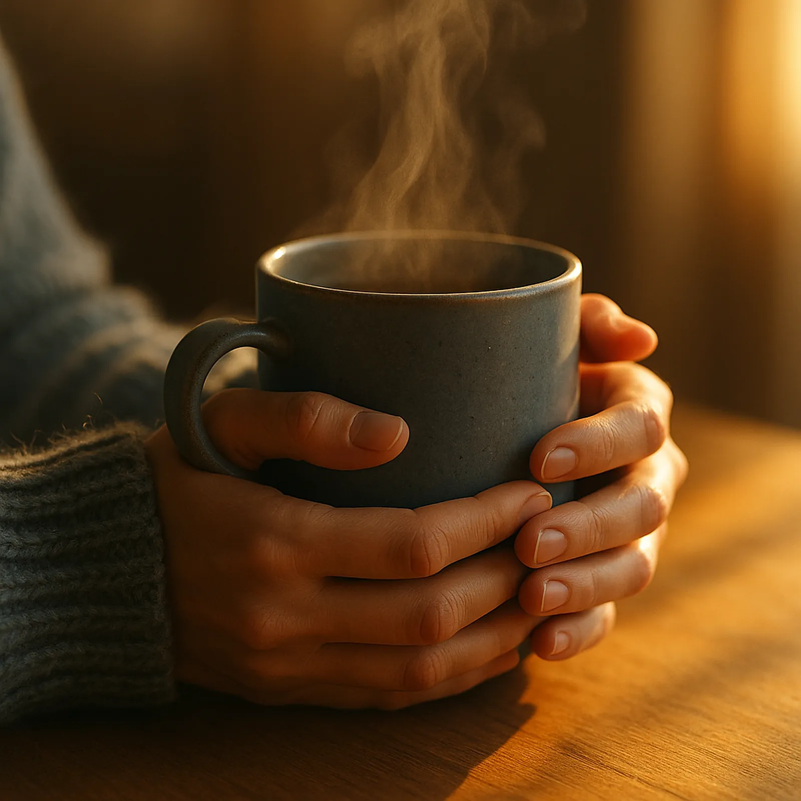 A warm mug beside a gratitude journal in morning light